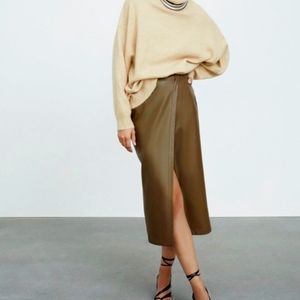Zara olive green wrap front faux leather pencil skirt